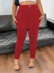 SHEIN PETITE Quần bó cạp chun màu trơn đơn giản ôm vừa vặn - Đỏ - Xem 5