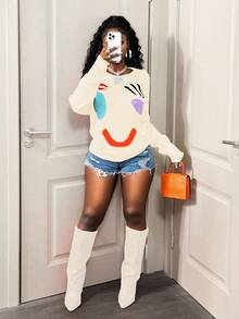 BamGleam Casual Smiling Face Patchwork Knit Sweater, Autumn/Winter - Apricot - View 5