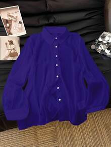 GlowEve CURVE Camisa de manga larga con botones delanteros de unicolor casual de talla grande, otoño - Azul Marino - Ver 2
