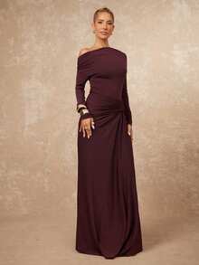 Lumalex 女士优雅通勤浪漫酒红色不对称领口荷叶边设计长袖修身T恤 女士优雅浪漫荷叶边设计长袖修身半身裙 - 酒紅色 - 查看 7