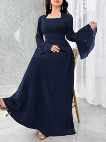 Modelyn Flared Sleeve, Rhinestone Decor, Heterogeneous Material Patchwork Waist Cinched Elegant Party Dress, Flattering - Navy Blue - View 3