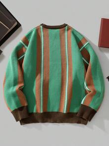 Manfinity Homme 男士撞色圆领长袖条纹休闲针织套头毛衣，冬季款 - 彩色 - 查看 2