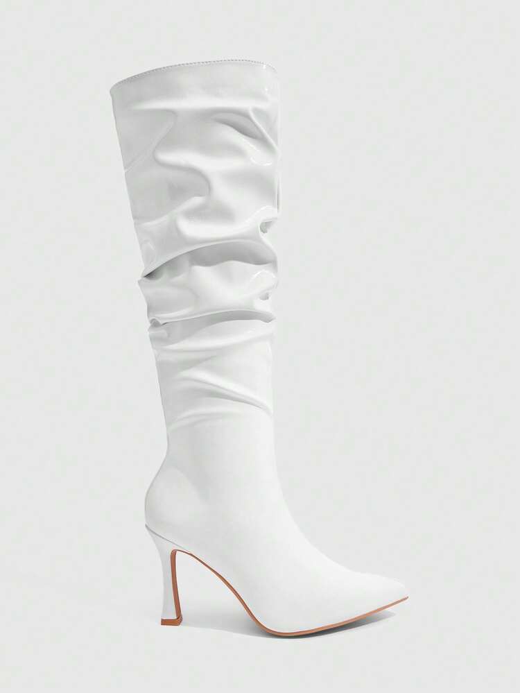 CUCCOO SZL Women's Pointed Toe Stiletto Heel White Stacked Heel Boots, Sexy For Nightclub Party, Knee-High Boots For Christmas Spring Shoes
