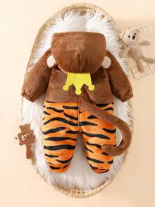 SHEIN Newborn Cute Monkey Design Plush Hooded Long Sleeve Jumpsuit, Winter - Brown - View 3