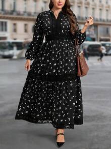 SHEIN LUNE Váy ren họa tiết hoa cỡ lớn, cổ chữ V nhỏ, tay dài, ren, quần áo mùa thu, quần áo trở lại trường, phong cách cổ điển, trang phục công sở cho nữ, sân bay cho nữ, trang phục ngày lễ đơn giản và thời trang, váy boho cho nữ, trang phục ngày lễ thanh lịch, đi làm hàng ngày và ngoài trời, váy dài thon gọn Essentia, váy thanh lịch, váy dự tiệc cưới, váy thanh lịch cho tiệc lễ hội dành cho nữ - màu đen - Xem 11