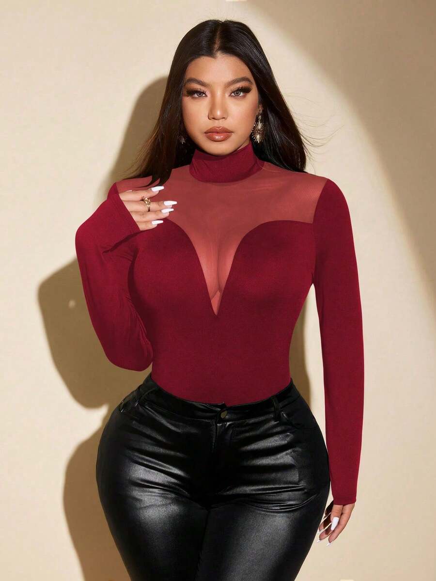 NU&NOW Plus Size Women Solid Color Mesh Long Sleeve Mock Neck Slim Fit Burgundy T-Shirt For Spring - Burgundy - View 1