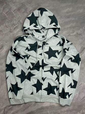 Manfinity Sudadera con capucha y cremallera con estampado digital de pentágono de moda para hombre