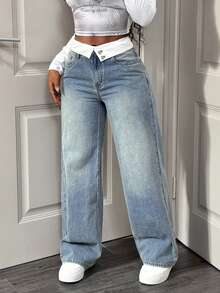 Slaydiva 女士牛仔裤，阔腿牛仔裤，Y2K 宽松牛仔裤，夏季牛仔裤，双层腰带，做旧水洗，浅蓝色牛仔裤。 - 淺色水洗藍 - 查看 3