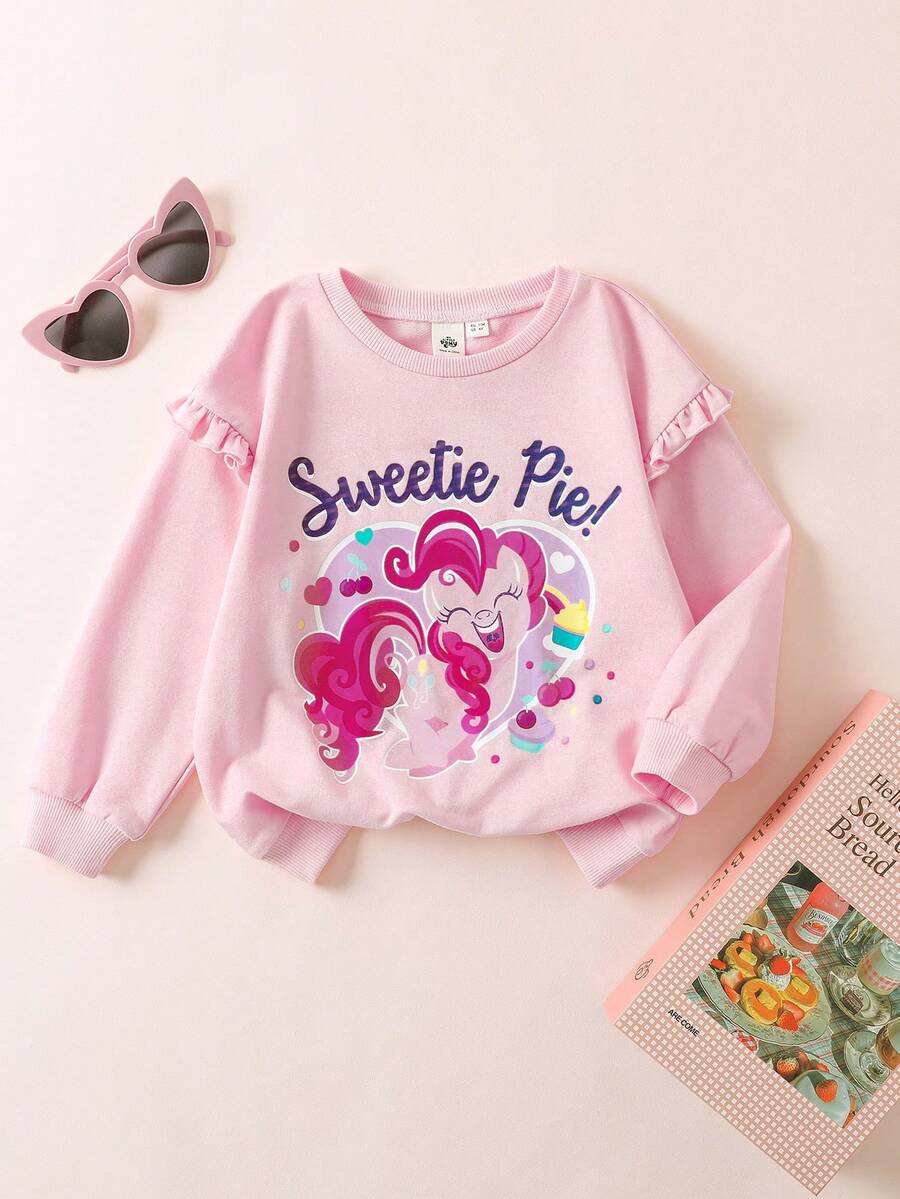 My Little Pony X SHEIN 小女孩卡通可爱粉色小马、彩虹、爱心印花荷叶袖卫衣，秋冬款