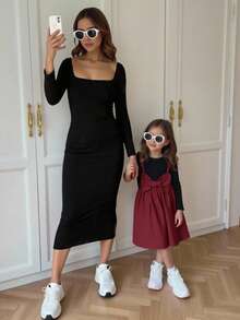 Emery Rose Kids Emery Rose Kids 可爱少女二合一大蝴蝶结前装饰连衣裙，舒适甜美，非常适合夏季和秋季的休闲日常穿着和上学穿着，学院风，母女装，上学日常穿着。 - 酒紅色 - 查看 4