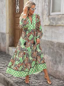 Brillora Autumn/Winter Casual Vacation V-Neck Tassel Tie Bohemian Style Printed Long Sleeve Dress For Women - Multicolor - View 7