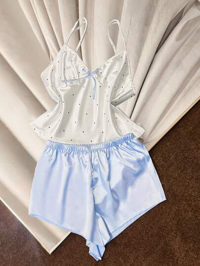 SilkySpell 缎面可爱波点印花吊带背心短裤女士睡衣套装 娃娃衫睡衣套装 女士短裤睡衣套装 女士短裤睡衣套装 夏季睡衣套装 女士睡衣套装