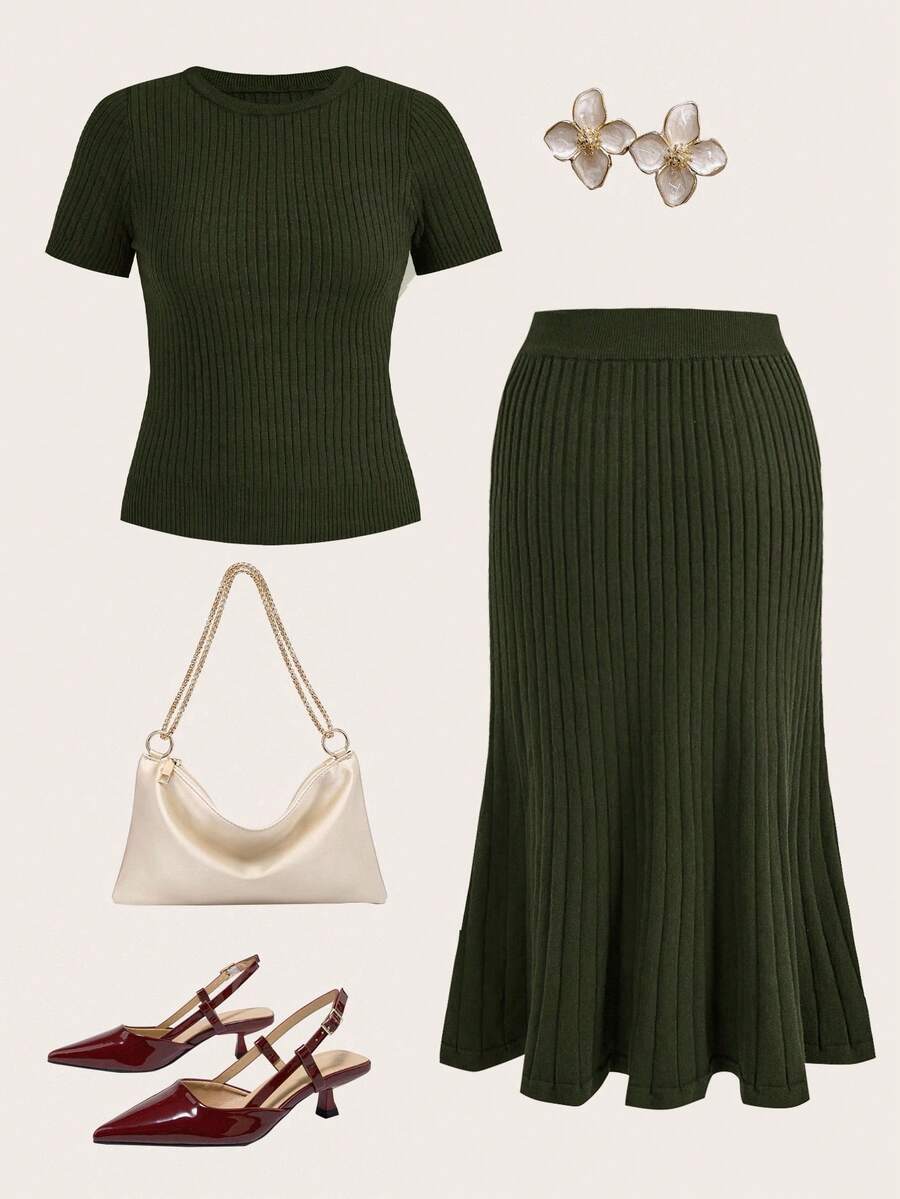 Modelyn Plus Size Elegant Commuter Solid Color Short Sleeve Knit Top And Mermaid Hem Skirt Set - Army Green - View 1