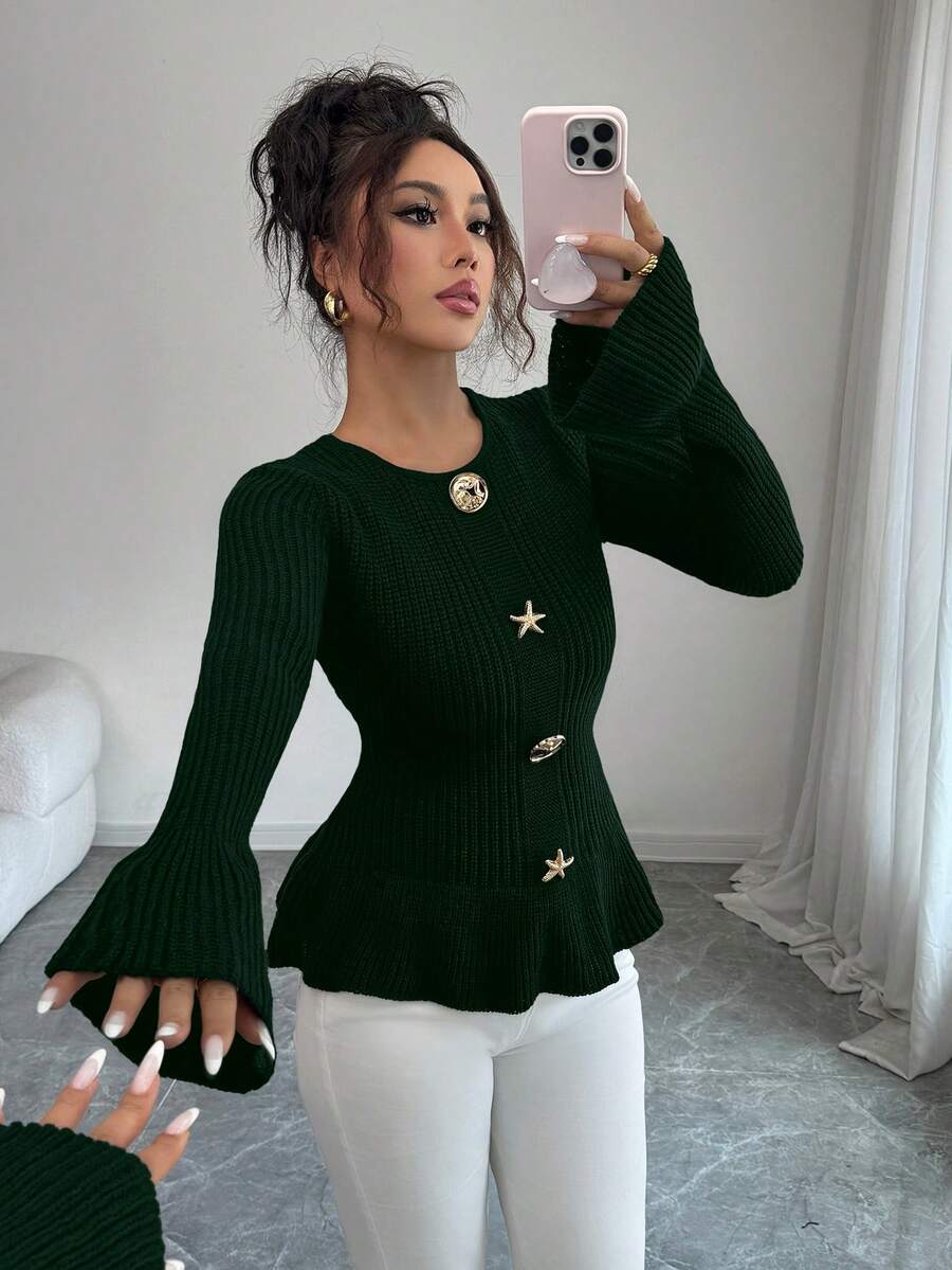 SHEIN Elenzya 女士优雅金属扣袖口荷叶边下摆长袖毛衣，秋冬款 - 綠色 - 查看 1
