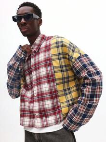 SUMWON 短款拼布格子纽扣衬衫长袖法兰绒领休闲男装 - 彩色 - 查看 3