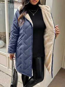 EMERY ROSE Plus Size Winter Clothes Casual Hooded Thermal Lined Padded Padded Coat - Navy Blue - View 7