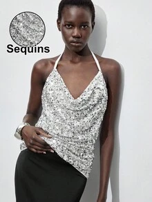 Maija Women's Solid Color Plunging Neckline Sequin Sexy Fashion Draped Neck Camisole Halloween Costumes Christmas Women's Clothing   Party Outfit Sequin Top  White Top Halloween Costumes  Sequin Top White Top Sexy Halloween Costumes For Women