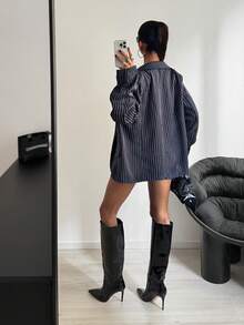 StreetHx 2件套街头风女装条纹抹胸迷你连衣裙和西装外套套装，秋季 - 藏蓝色 - 查看 2