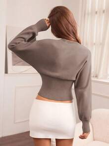 Hanevo Casual Round Neck Drawstring Waist Slim Fit Solid Color Knit Sweater, Versatile For Autumn/Winter - Brown - View 2