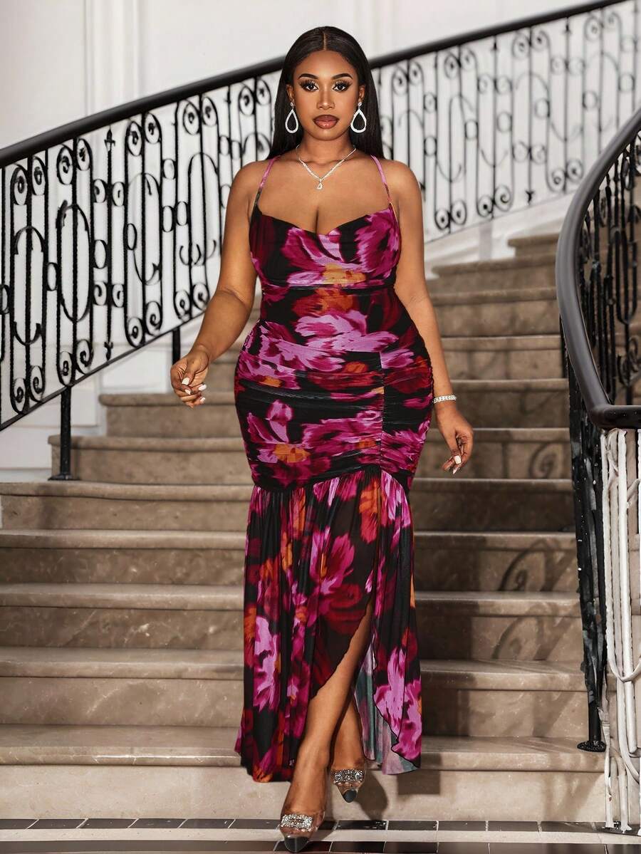 Hourglow Váy xẻ cao họa tiết hoa thanh lịch và gợi cảm cỡ lớn - màu đen - Xem 1