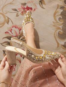 CUCCOO TILAWA Tacones gruesos de mujer con tela y adornos de strass en la punta, adecuados para salidas, banquetes, fiestas y otros eventos navideños - Champán - Ver 6