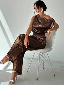 Firerie Conjunto de blusa suelta sin hombros asimétrica con detalles metálicos sin mangas y pantalones de pierna ancha con cintura elástica, adecuado para citas, fiestas, ir al trabajo, conciertos, graduaciones, atuendos de maestros, ocasiones formales - Marrón - Ver 3