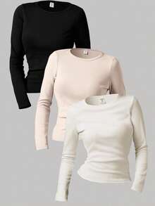 SHEIN Girlism Áo nỉ cổ tròn trơn màu cơ bản dành cho bé gái tuổi teen (Đen, Trắng, Xám) - Nhiều màu - Xem 3