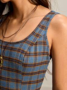 Easelle 复古游牧风方领收腰喇叭下摆女式连衣裙，复古格纹图案，前后拼接设计，舒适亲肤，女士长款格纹连衣裙，女士休闲长裙，不对称设计连衣裙 - 彩色 - 查看 6