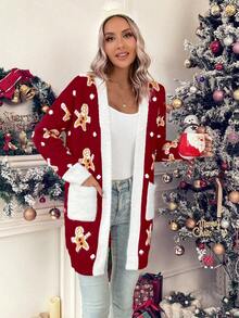 LanaWest Bear Pattern Dual Pocket Contrast Trim Dual Pocket Cardigan For New Year Clothes - Burgundy - View 3