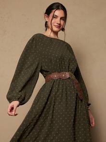 Freevana Plus Size Women Casual Crew Neck Lantern Sleeve Ruffle Hem Dress Autumn Vintage Style Peasant Western Boho Clothing Western/Winter - Army Green - View 3