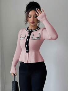 Elenzga Women's Contrast Color Pearl Waist Cardigan, Long Sleeve - Baby Pink - View 4