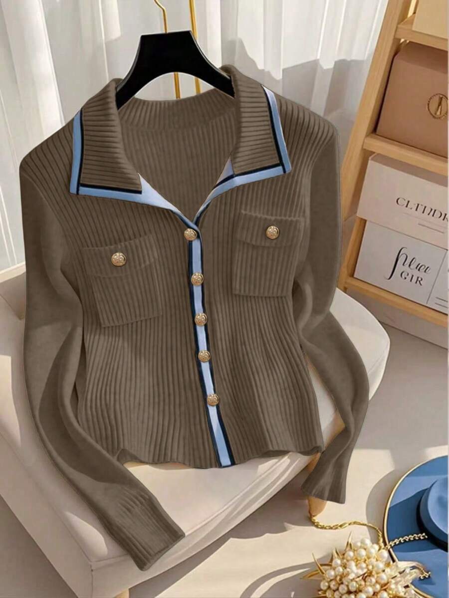 SHEIN LUNE 秋季新款修身V领撞色优雅女士开衫 - 駝色 - 查看 1