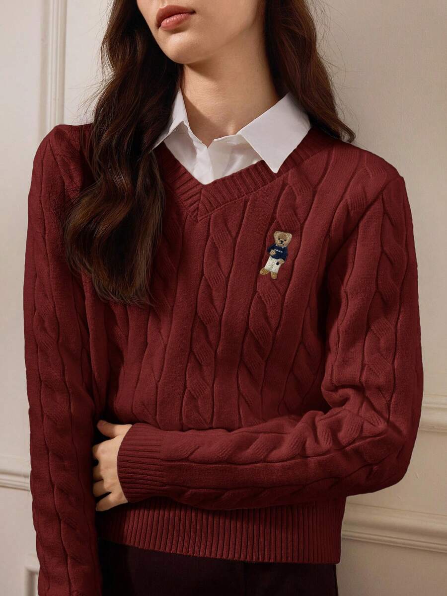 Briarwyn 秋冬季复古风女式V领长袖休闲百搭麻花毛衣,返校季,运动套装,复古女装,保暖毛衣 - 酒紅色 - 查看 1
