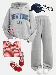 SHEIN Girlism 少女字母印花连帽衫和运动裤套装 - 灰色 - 查看 1