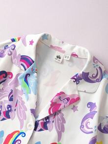 My Little Pony X SHEIN 2 件套少女可爱彩虹小马和独角兽全身印花衬衫和裤子睡衣套装，适合春季、秋季、冬季 - 白色 - 查看 4