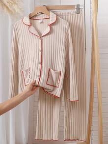 女童提花羊毛罗纹面料长袖上衣和裤子撞色边家居服套装 - 彩色 - 查看 6