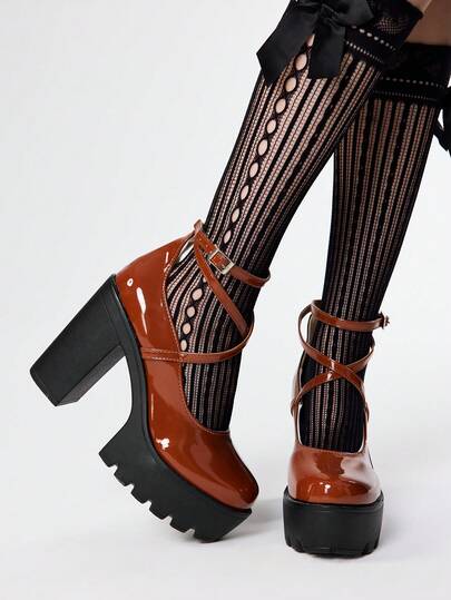 Women's Closed Toe Cross-Strap Mary Jane Shoes, Punk Goth Platform Thick Heel One-Strap Buckle Strap JK Uniform Shoes, Waterproof Formal Work High Heels