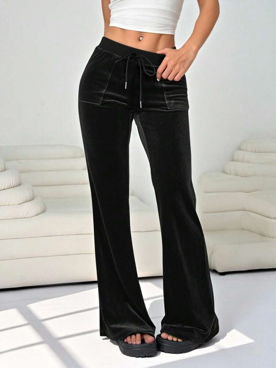 Solflare 大码韩版加绒加厚面料休闲裤，秋冬 - 黑色 - 查看 1