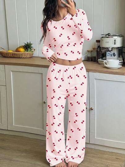 Zestaw vintage, słodki, super uroczy, mini, w paski, z nadrukiem serca, dla nastolatki, jesień/zima, okrągły dekolt, koszulka z długim rękawem typu raglan i luźne, codzienne spodnie