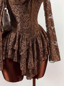 Y2K Amplova Women's Long Sleeve Mini Dress, Lace Long Sleeve Asymmetrical Hem Sexy Minimalist Bust Ruched Mini Dress, Suitable For Dates, Comes With Underpants To Prevent Exposure Simeon Slay Diva Dress Ronhire Coffee Brown Dress Brown Romper Women Christmas Outfit For Women New Year Dress Brown Sexy Dress - Coffee - View 12