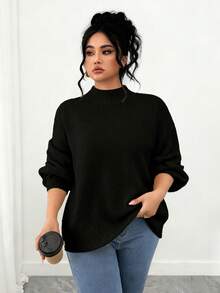 SHEIN Tall CURVE Plus Size Casual Drop Shoulder Crew Neck Long Sleeve Sweater - Black - View 5