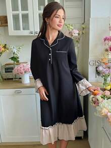 Color Block Ruffle Trim Half Placket Lapel Collar Long Sleeve Women's Nightgown, Moo Moo, Fall, Winter - Black - View 5