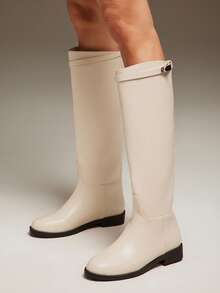 SHUZIA Women Lock Decor Flat Basic Elegant Sexy Casual Everyday Comfort PU Knee-High Boots For Christmas