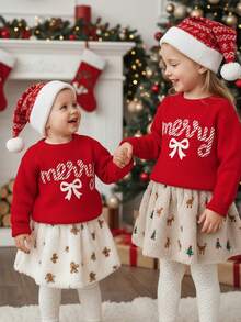 SHEIN Happikins 红色圣诞甜美条纹“Merry”刺绣蝴蝶结毛衣，少女休闲简约保暖柔软宽松圆领长袖毛衣，适合秋冬季、圣诞节、新年、假日、舒适季节、圣诞氛围、圣诞礼物、秋冬叠穿、秋冬圣诞服装、时尚秋季、冬季新款 - 紅色 - 查看 5