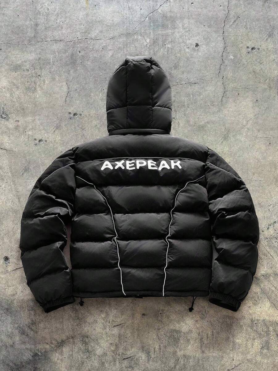 AXEPEAK Men Loose Solid Color Hooded Pocket Long Sleeve Padded Coat, Regular Fit, Winter - Black - View 1