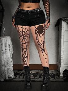 Whyspr Grunge Punk Plus Size Women Spider Print Leggings, Fashionable Punk Style - Black - View 1
