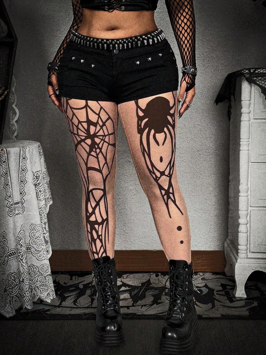 Whyspr Grunge Punk Plus Size Women Spider Print Leggings, Fashionable Punk Style - Black - View 1