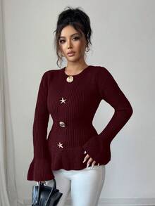 SHEIN Elenzya Women's Elegant Metal Buckle Cuff & Ruffle Hem Design Long Sleeve Sweater, Autumn/Winter - Burgundy - View 6