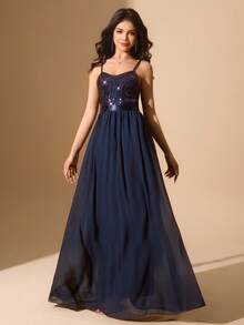 Vestido de malla con contraste de lentejuelas y cintura ceñida, adecuado para bodas, galas, actuaciones, fiestas de cumpleaños, Navidad para adolescentes - Azul Marino - Ver 1