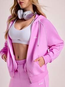 Sovereign Charm Women's Autumn Thermal Lined Gym Jacket,Purple Athleisure Letter Print Contrast Ribbon Pocket Zip Up Hoodie Loose Casual Sports Sweat Suit For Women - Mauve Purple - View 5